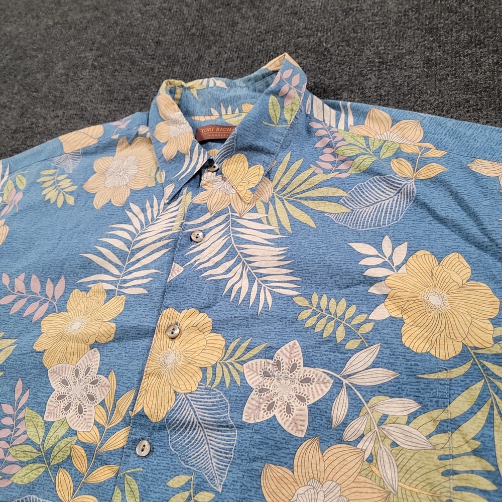 Tori Richard Men‎ Hawaiian Shirt XL Blue Floral Short Sleeve Aloha Cotton